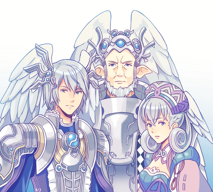 1girl, 2boys, armor, breasts, brother_and_sister, cape, family, father_and_child