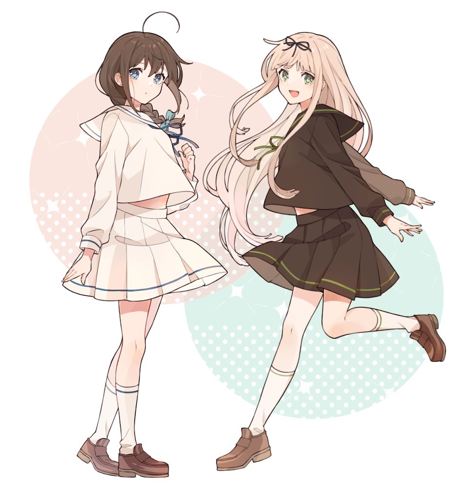 2girls, ahoge, alternate_costume, beige_sailor_collar, beige_serafuku, beige_skirt, black_hair, black_sailor_collar