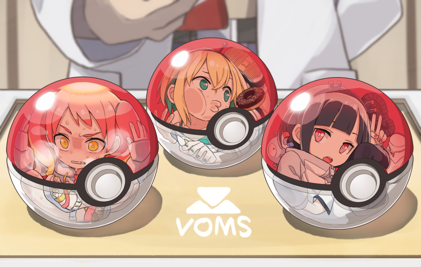 1boy, 3girls, against_glass, amano_pikamee, aqua_camisole, black_hair, blonde_hair, blurry, blurry_background, blush, bright_pupils, camisole, cheek_squash, copyright_name, depth_of_field, donut, fingernails, food, gen_1_pokemon, green_eyes, green_hair, green_nails, highres, hikasa_tomoshika, in_poke_ball, jitomi_monoe, magnemite, multicolored_hair, multiple_girls, nail_polish, nervous_sweating, nintendo, open_mouth, parody, poke_ball, pokemon, pokemon_(creature), professor_oak, red_eyes, red_hair, sandals, sweat, take_your_pick, teeth, toenail_polish, toenails, toromera, transparent, twintails, two-tone_hair, upper_teeth_only, v, virtual_youtuber, voms, wide-eyed, x-ray, yellow_eyes, yellow_nails
