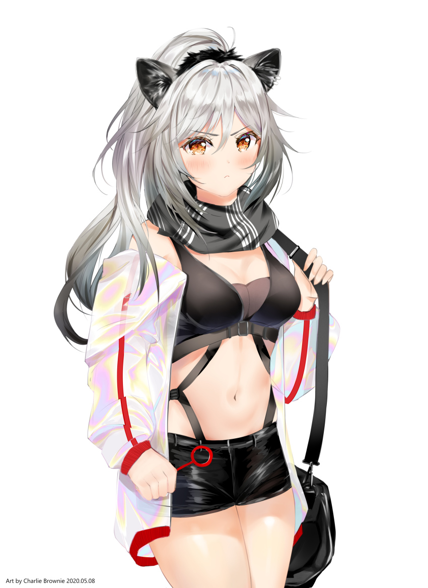 1girl, absurdres, animal_ear_fluff, animal_ears, arknights, bag, bare_shoulders, black_scarf