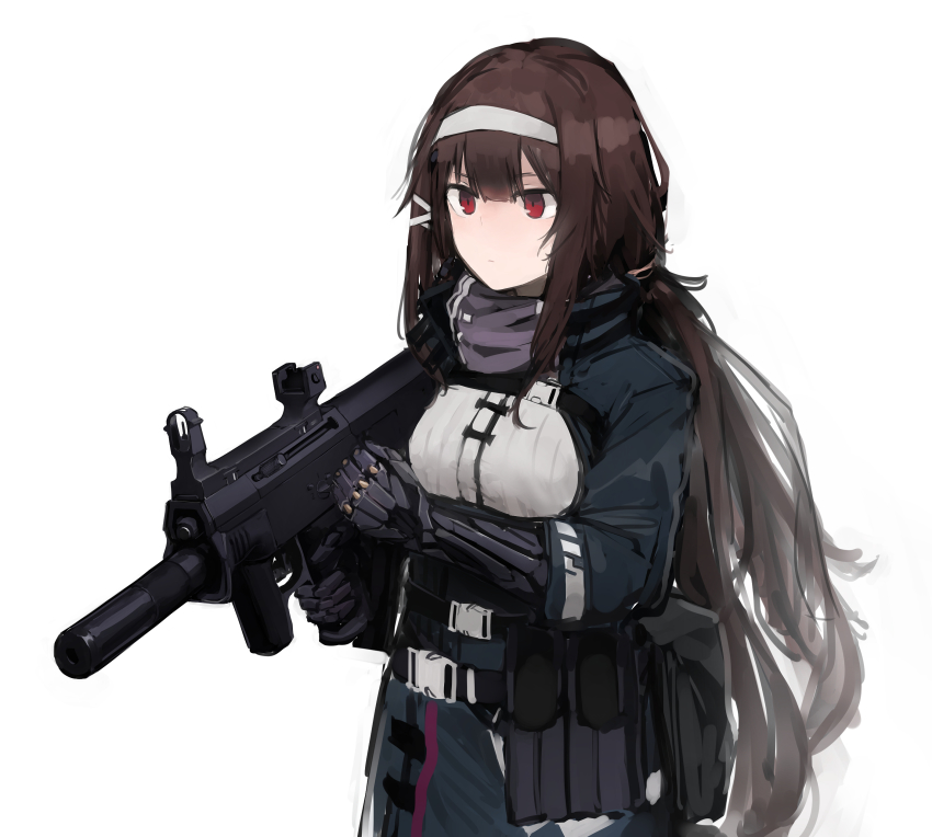 absurdres, arm_up, belt, belt_buckle, breasts, brown_hair, buckle, bullpup, girls'_frontline, grey_hairband, grey_scarf, gun, hair_ornament, hairband, highres, holding, holding_gun, holding_weapon, js_9_(girls'_frontline), js_9_mm, long_hair, looking_to_the_side, mechanical, mechanical_arms, personal_defense_weapon, rampart1028, red_eyes, rifle, scarf, sidelocks, simple_background, solo, submachine_gun, suppressor, trigger_discipline, upper_body, very_long_hair, weapon, white_background