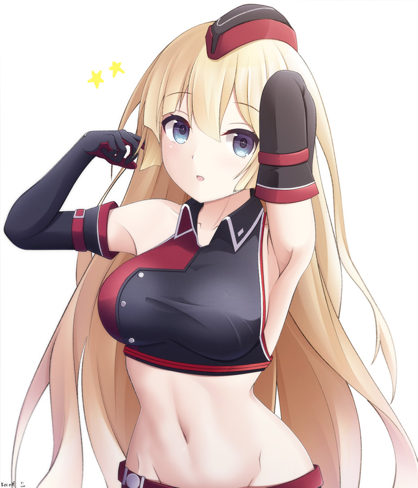1girl, armpits, arms_up, bare_shoulders, black_gloves, black_shirt, blonde_hair, blue_eyes