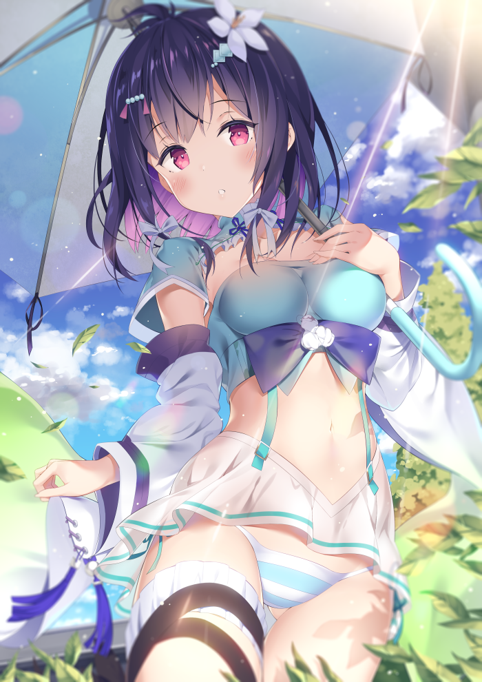 1girl, blue_shirt, blurry, breasts, character_request, choker, cloud, colored_inner_hair, cowboy_shot, crop_top, day, detached_sleeves, falling_leaves, female_focus, flower, frilled_thigh_strap, gluteal_fold, hair_flower, hair_ornament, hairclip, hatsuki_kaname, holding, houchi_shoujo, kakou_ha_(houchi_shoujo), leaf, light_rays, looking_at_viewer, medium_breasts, microskirt, midriff, multicolored_hair, navel, outdoors, panties, parted_lips, purple_hair, red_eyes, revealing_clothes, shirt, short_hair, short_sleeves, sidelocks, skirt, solo, stomach, striped_clothes, striped_panties, sunbeam, sunlight, suspenders, thigh_strap, thighs, umbrella, underwear, white_flower, white_skirt, wide_sleeves