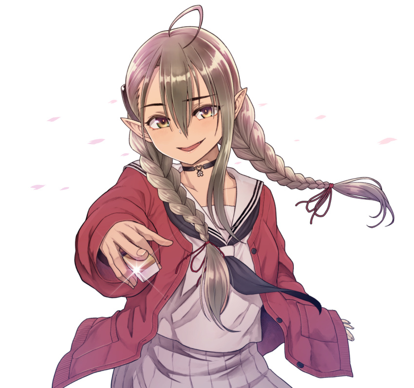 1girl, :d, braid, brown_eyes, brown_hair, cardigan, chiaki_rakutarou, choker