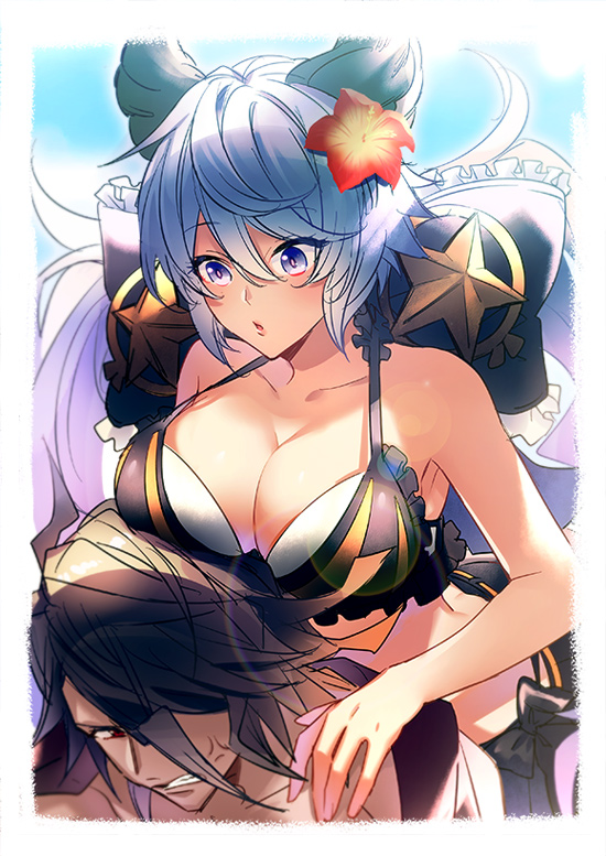 1boy, 1girl, anger_vein, animal_ears, baal_(granblue_fantasy), bikini, bow, breast_rest