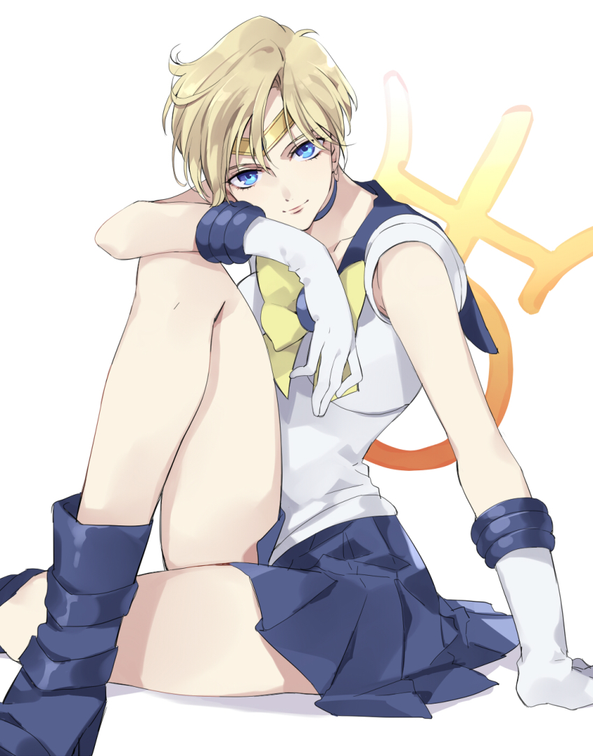 1girl, bishoujo_senshi_sailor_moon, blonde_hair, blue_boots, blue_choker, blue_eyes, blue_sailor_collar, blue_skirt, boots, bow, choker, circlet, closed_mouth, female_focus, gloves, high_heel_boots, high_heels, highres, kirimi_maguro, light_smile, looking_at_viewer, miniskirt, outer_senshi, pleated_skirt, sailor_collar, sailor_senshi, sailor_senshi_uniform, sailor_uranus, shadow, shirt, short_hair, short_sleeves, simple_background, sitting, skirt, solo, ten'ou_haruka, uranus_symbol, very_short_hair, white_background, white_gloves, white_shirt, yellow_bow