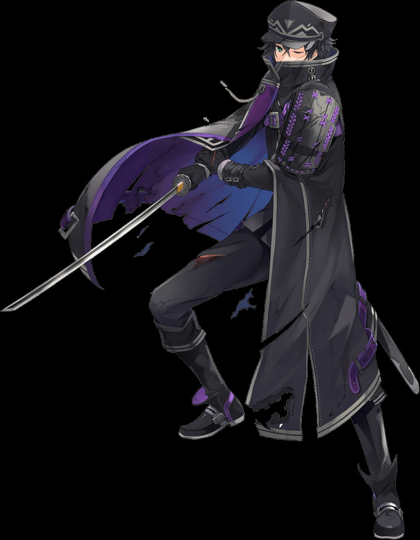 1boy, armor, black_gloves, black_hair, black_pants, blood, boots, cape