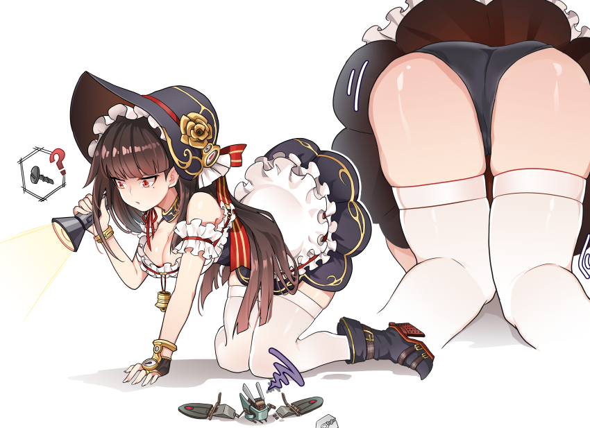 1girl, absurdres, all_fours, ass, black_gloves, black_hair, black_headwear, black_panties