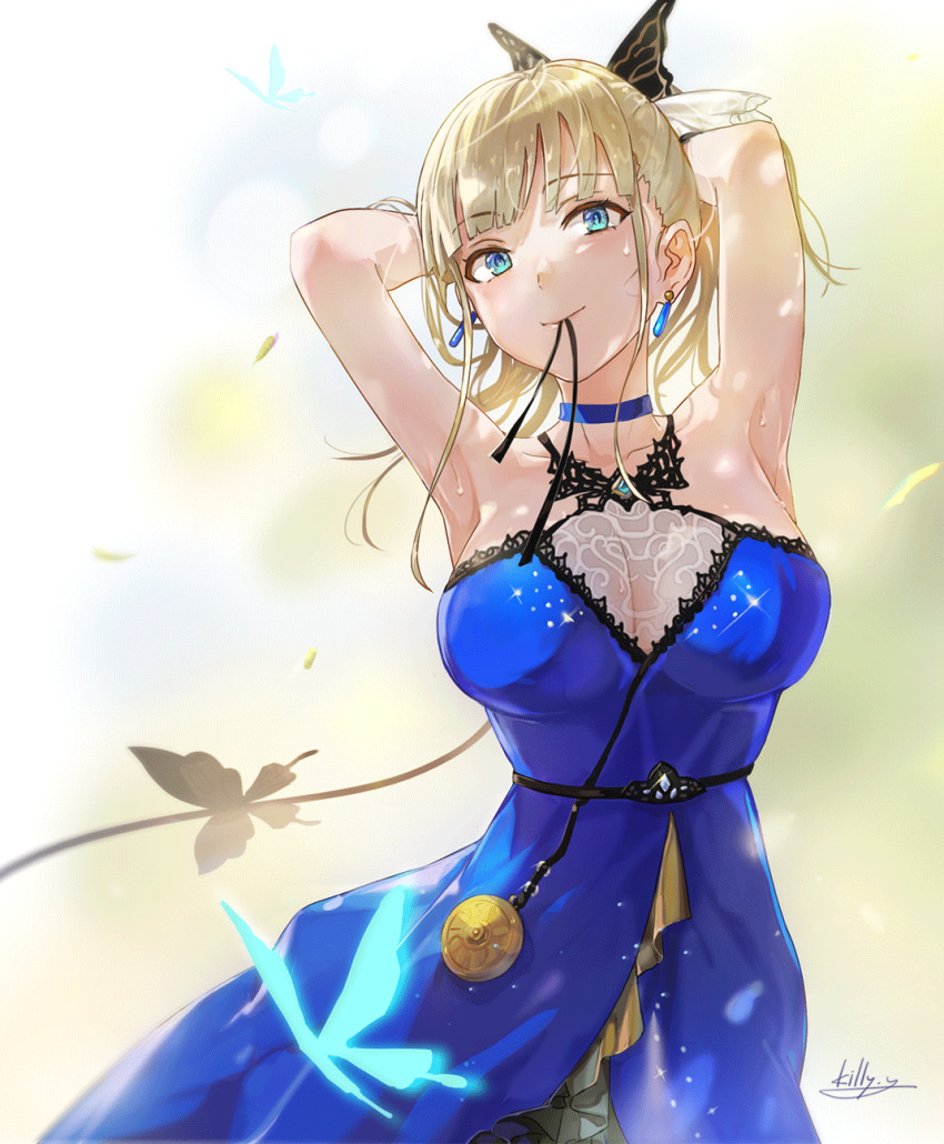 1girl, another_eden, armpits, arms_behind_head, arms_up, artist_name, bare_shoulders, blonde_hair, blue_choker, blue_dress, blue_eyes, breasts, bug, butterfly, choker, cleavage, closed_mouth, collarbone, dress, earrings, female_focus, highres, insect, isuka_(another_eden), jewelry, large_breasts, long_hair, mouth_hold, see-through_clothes, smile, solo, sweat, yoshida_killy