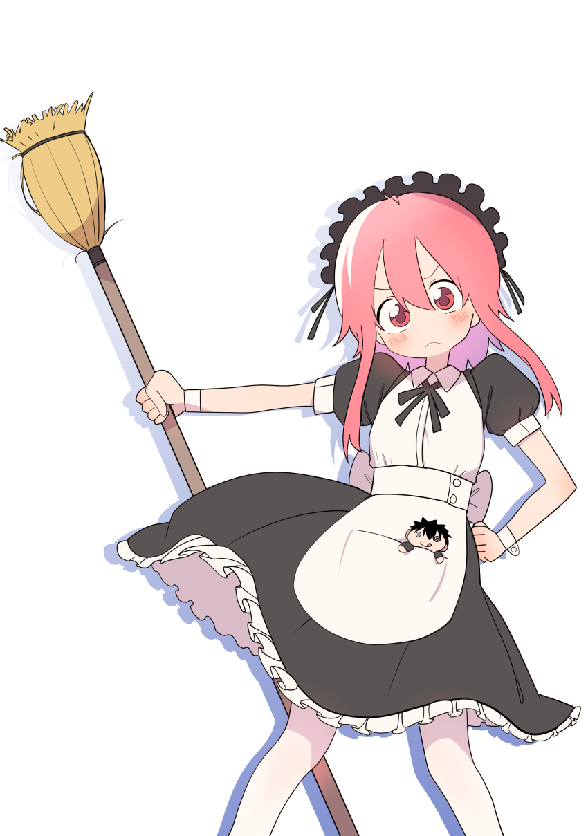 1girl, absurdres, alternate_costume, apron, black_dress, blush, broom, bural_chingu