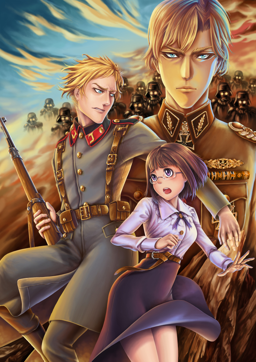 1girl, 2boys, absurdres, alfred_zimmersmark, anh_thuy, belt, blonde_hair, blouse