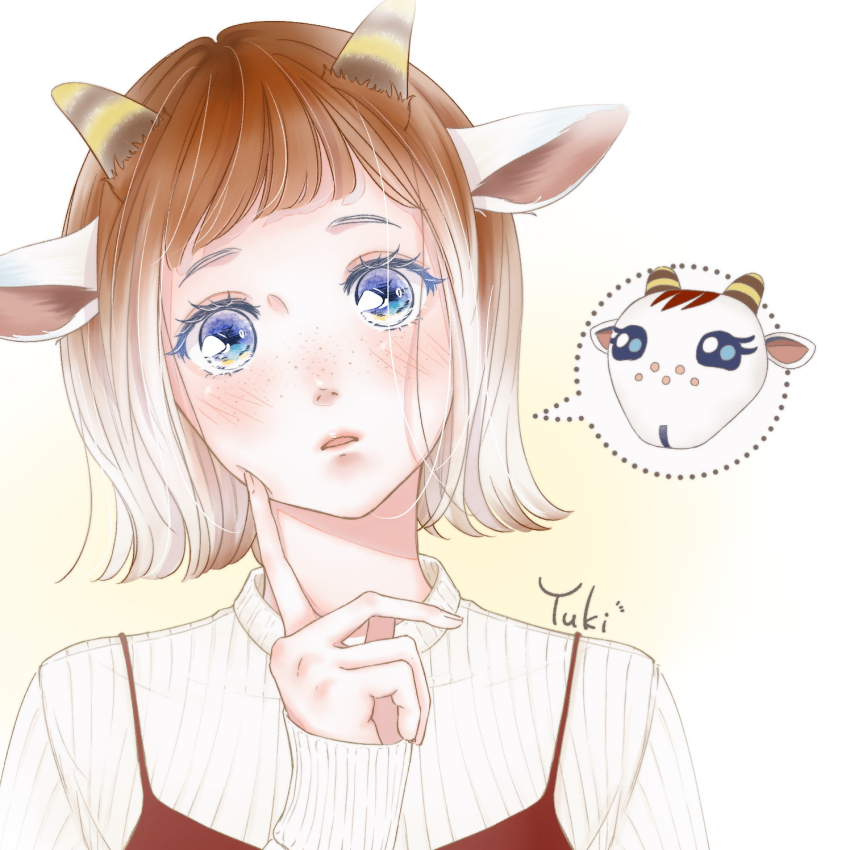 animal_ears, blue_eyes, blush, brown_hair, character_name, chevre_(animal_crossing), animal_crossing, freckles, goat, goat_ears, goat_horns, highres, horns, humanization, multicolored_hair, nintendo, oiba_kaho, open_mouth, personification, solo, two-tone_hair, white_background, white_hair