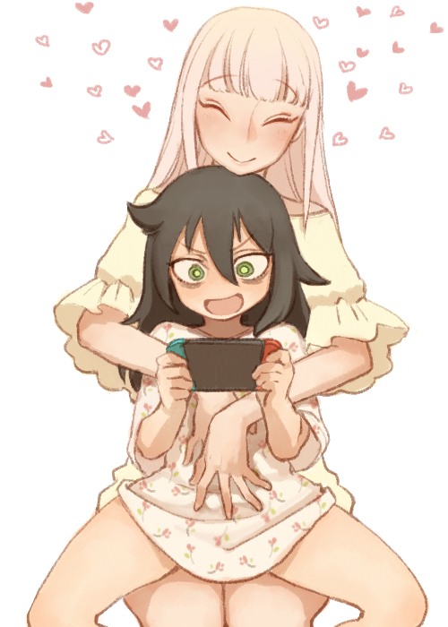 2girls, :d, ^_^, bags_under_eyes, black_hair, blush, bobfosse, casual, closed_eyes, commentary_request, dress, floral_print, green_eyes, handheld_game_console, hands_on_another's_stomach, heart, holding, holding_handheld_game_console, hug, hug_from_behind, katou_asuka, kuroki_tomoko, long_hair, multiple_girls, nintendo, nintendo_switch, off-shoulder_shirt, off_shoulder, open_mouth, pink_hair, playing_games, playing_video_games, print_dress, shirt, simple_background, sitting, sitting_on_lap, sitting_on_person, smile, spread_legs, sweat, watashi_ga_motenai_no_wa_dou_kangaetemo_omaera_ga_warui!, white_background, yuri
