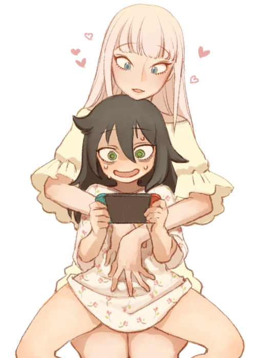 2girls, bags_under_eyes, black_hair, bobfosse, casual, commentary_request, dress, floral_print, green_eyes, handheld_game_console, hands_on_another's_stomach, heart, holding, holding_handheld_game_console, hug, hug_from_behind, katou_asuka, kuroki_tomoko, long_hair, multiple_girls, nintendo_switch, off-shoulder_shirt, off_shoulder, open_mouth, pink_hair, playing_games, playing_video_games, print_dress, shaded_face, shirt, simple_background, sitting, sitting_on_lap, sitting_on_person, spread_legs, sweat, watashi_ga_motenai_no_wa_dou_kangaetemo_omaera_ga_warui!, wavy_mouth, white_background, yuri