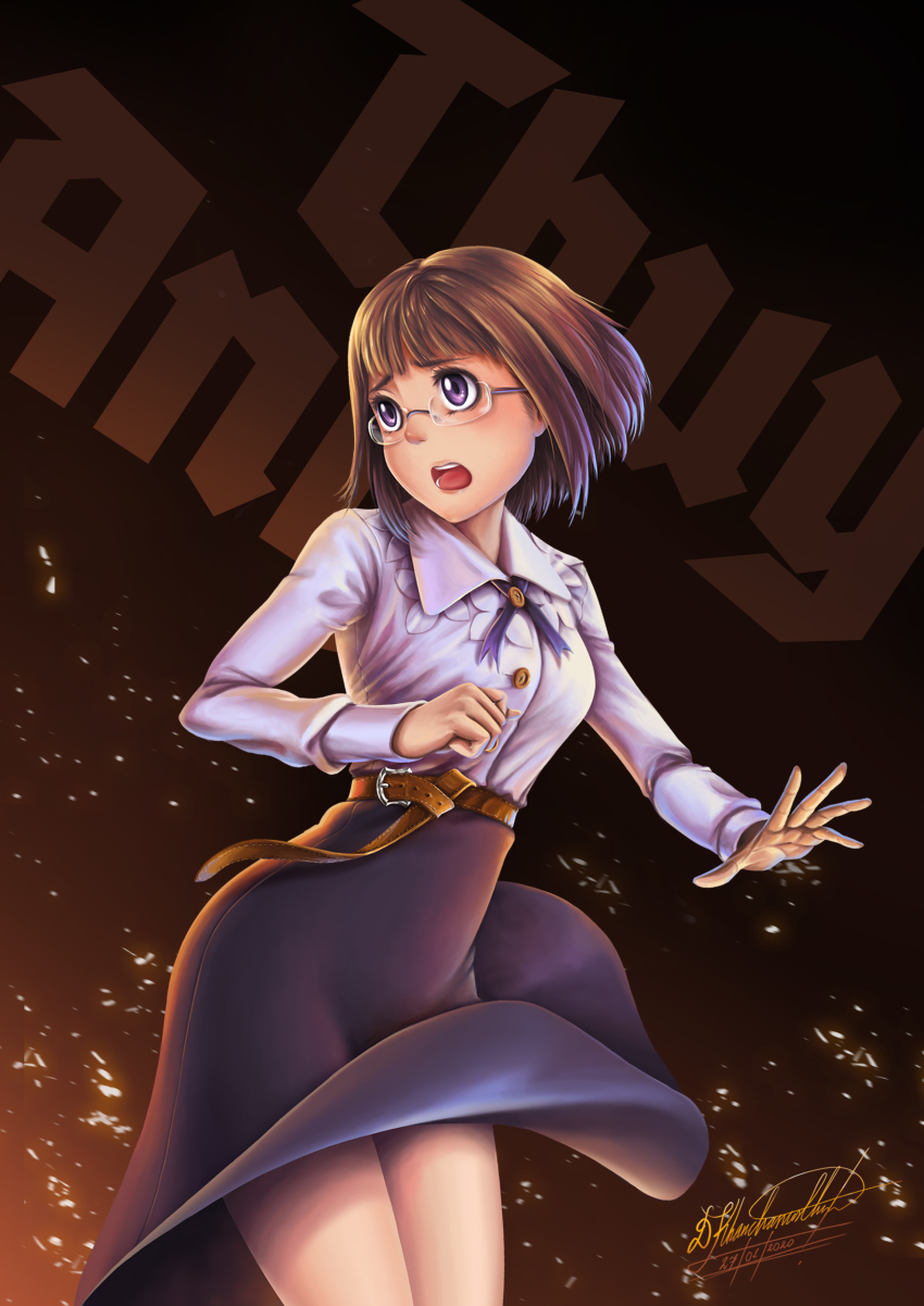 1girl, absurdres, anh_thuy, belt, blouse, brown_hair, buttons, clothes_lift