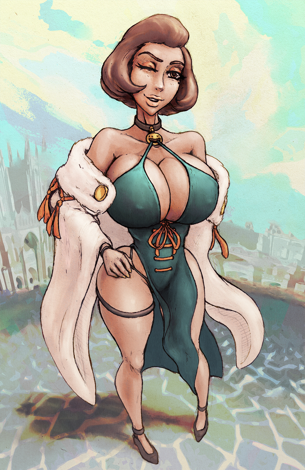 1girl, bare_shoulders, blue_sky, botherbot, breasts, brown_eyes, brown_hair, choker