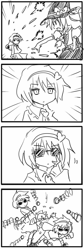 2girls, 4koma, bullet_time, comic, female_focus, greyscale, kirisame_marisa, komeiji_satori