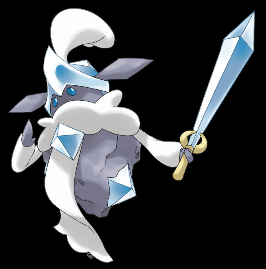 blue_eyes, carbink, commentary, creature, english_commentary, full_body, gen_6_pokemon, highres, holding, holding_sword, holding_weapon, looking_at_viewer, mega_pokemon, mega_pokemon_(other), nintendo, no_humans, pinkgermy, pokemon, pokemon_(creature), simple_background, solo, sword, transparent_background, weapon, white_background