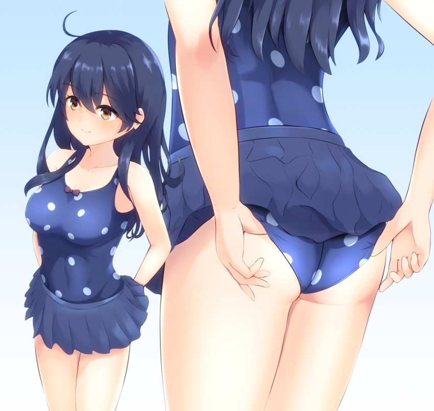 1girl, adjusting_clothes, adjusting_swimsuit, ahoge, ass, black_hair, blue_background, blue_one-piece_swimsuit