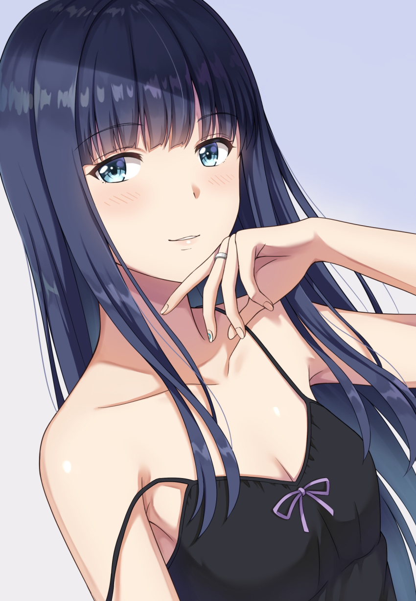 1girl, blue_eyes, blue_hair, blunt_bangs, breasts, cleavage, collarbone, darknessukaru