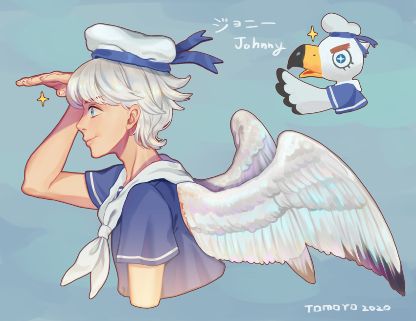 1boy, animal_crossing, bird, blue_eyes, blue_headwear, blue_shirt, dated, deng_deng