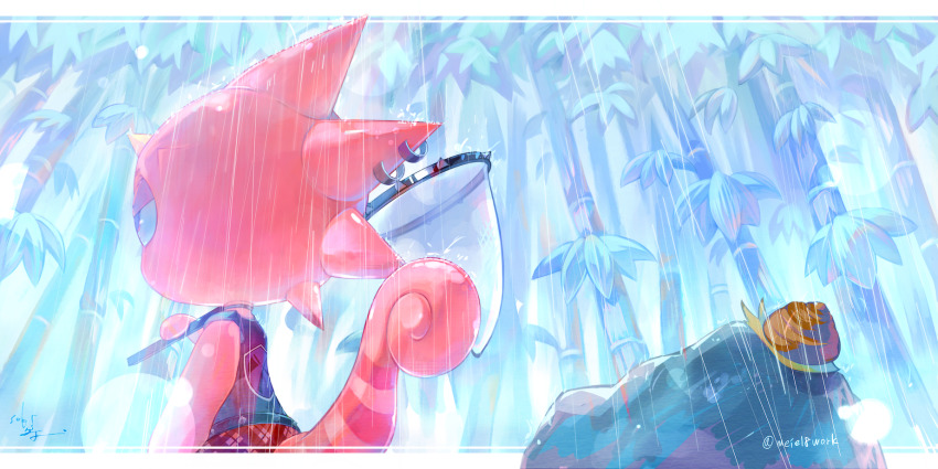 1boy, animal, animal_crossing, animal_crossing:_new_horizons, artist_name, bamboo, bamboo_forest, black_jacket