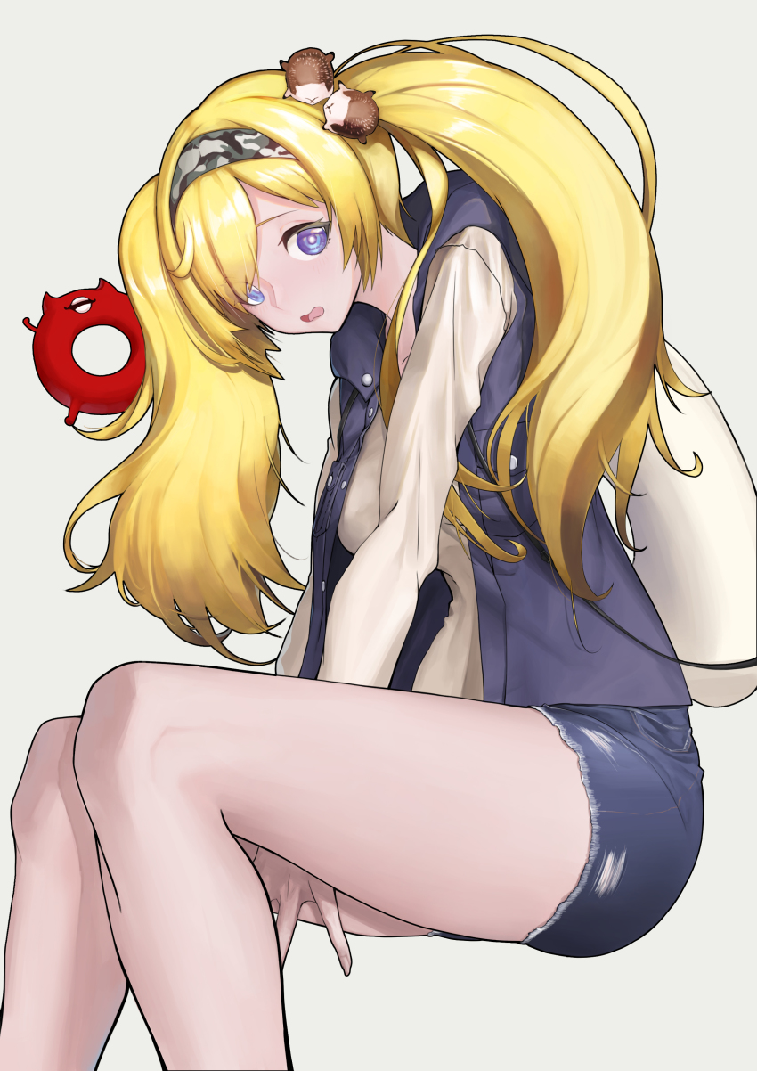 1girl, absurdres, between_legs, blonde_hair, blue_eyes, breasts, collared_shirt, denim