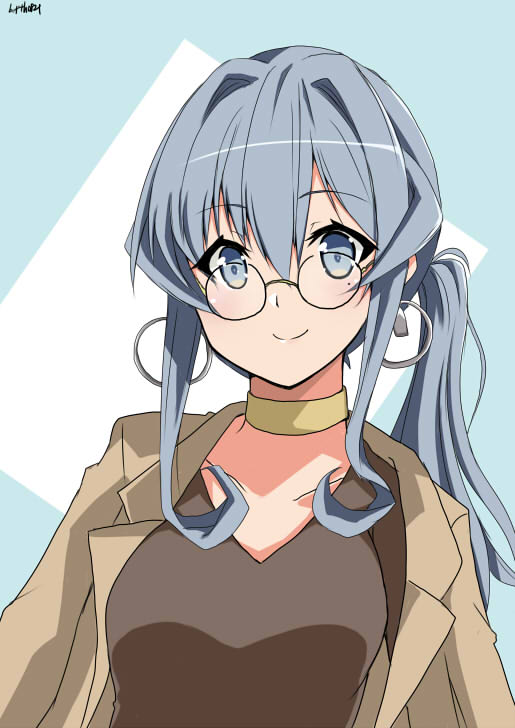 1girl, bespectacled, blue_eyes, blue_hair, brown_coat, brown_shirt, choker, coat