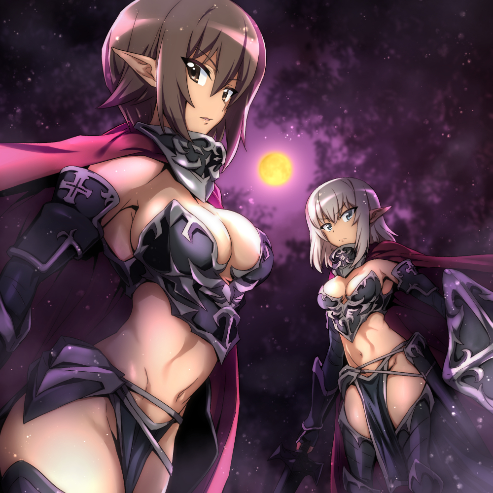 2girls, alternate_costume, armor, bikini_armor, black_footwear, black_gloves, blue_eyes, boots