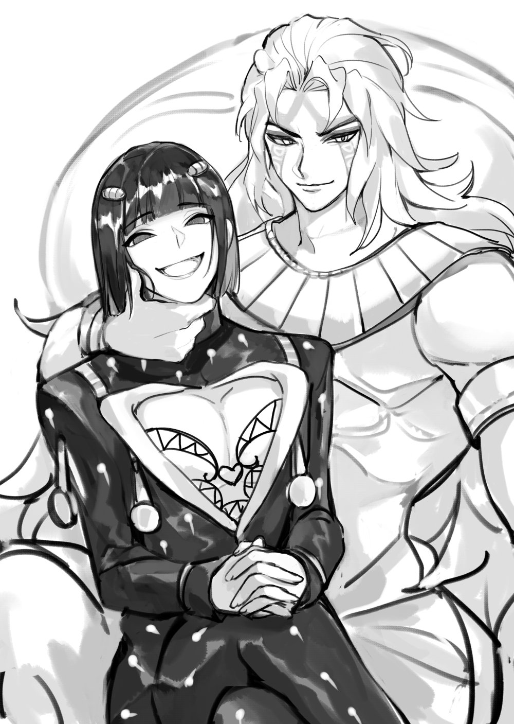 2boys, black_hair, bruno_bucciarati, crossed_legs, dio_brando, empty_eyes, face_paint, folded_hands