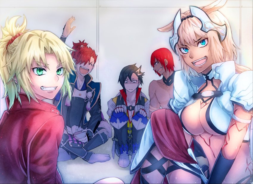 ashwatthama_(fate), black_hair, blonde_hair, blue_eyes, caenis_(fate), caenis_(second_ascension)_(fate), crossed_legs, dark-skinned_female, dark-skinned_male, dark_skin, fate/apocrypha, fate/grand_order, fate_(series), green_eyes, grin, highres, jacket, kotoko902, leather, leather_jacket, mandricardo_(fate), mordred_(fate), mordred_(fate/apocrypha), mordred_(memories_at_trifas)_(fate), mori_nagayoshi_(fate), mori_nagayoshi_(second_ascension)_(fate), ponytail, red_hair, shaded_face, sharp_teeth, sitting, smile, teeth, waving, white_hair
