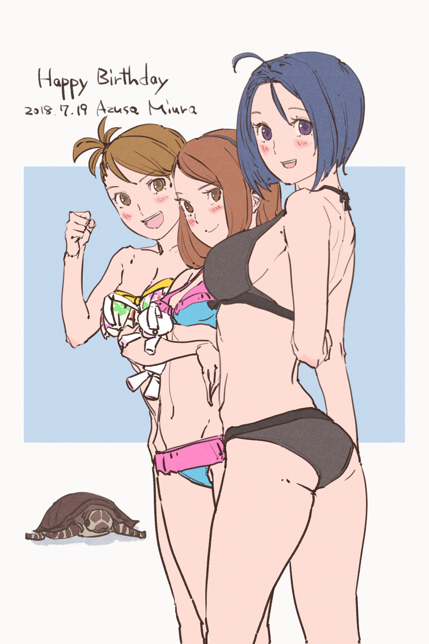beauty_swimsuit_(idolmaster), bikini, blush, breasts, brown_hair, closed_mouth, futami_ami, happy_birthday, highres, idolmaster, idolmaster_(classic), idolmaster_2, long_hair, looking_at_viewer, minase_iori, miura_azusa, multiple_girls, navel, ooeyama_ken, open_mouth, ryuuguu_komachi, short_hair, smile, standing, swimsuit, turtle