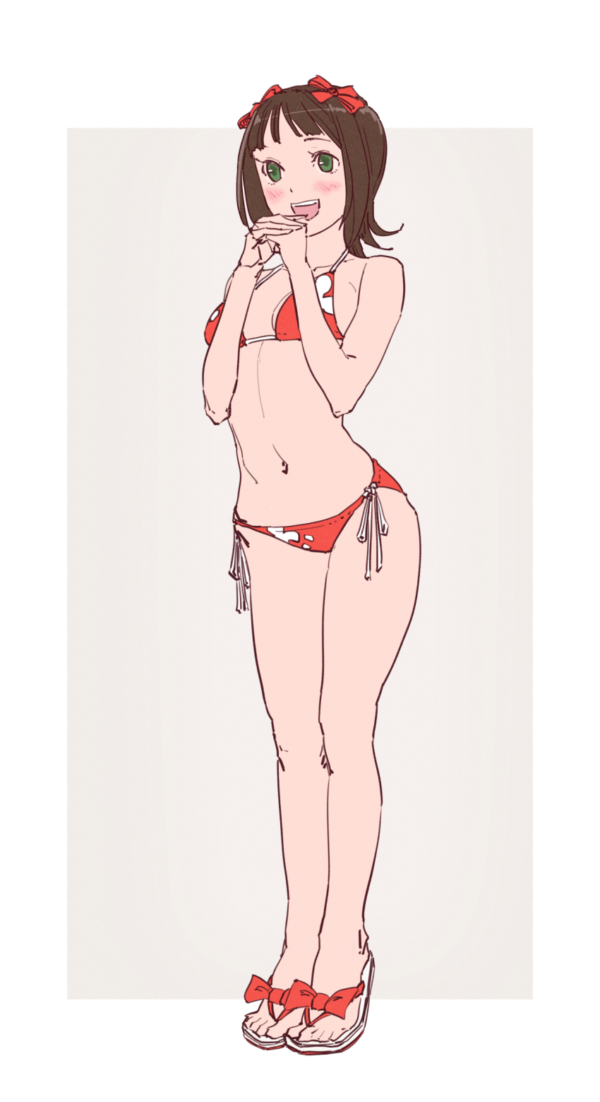 1girl, :d, amami_haruka, bikini, blush, breasts, brown_hair, female_focus