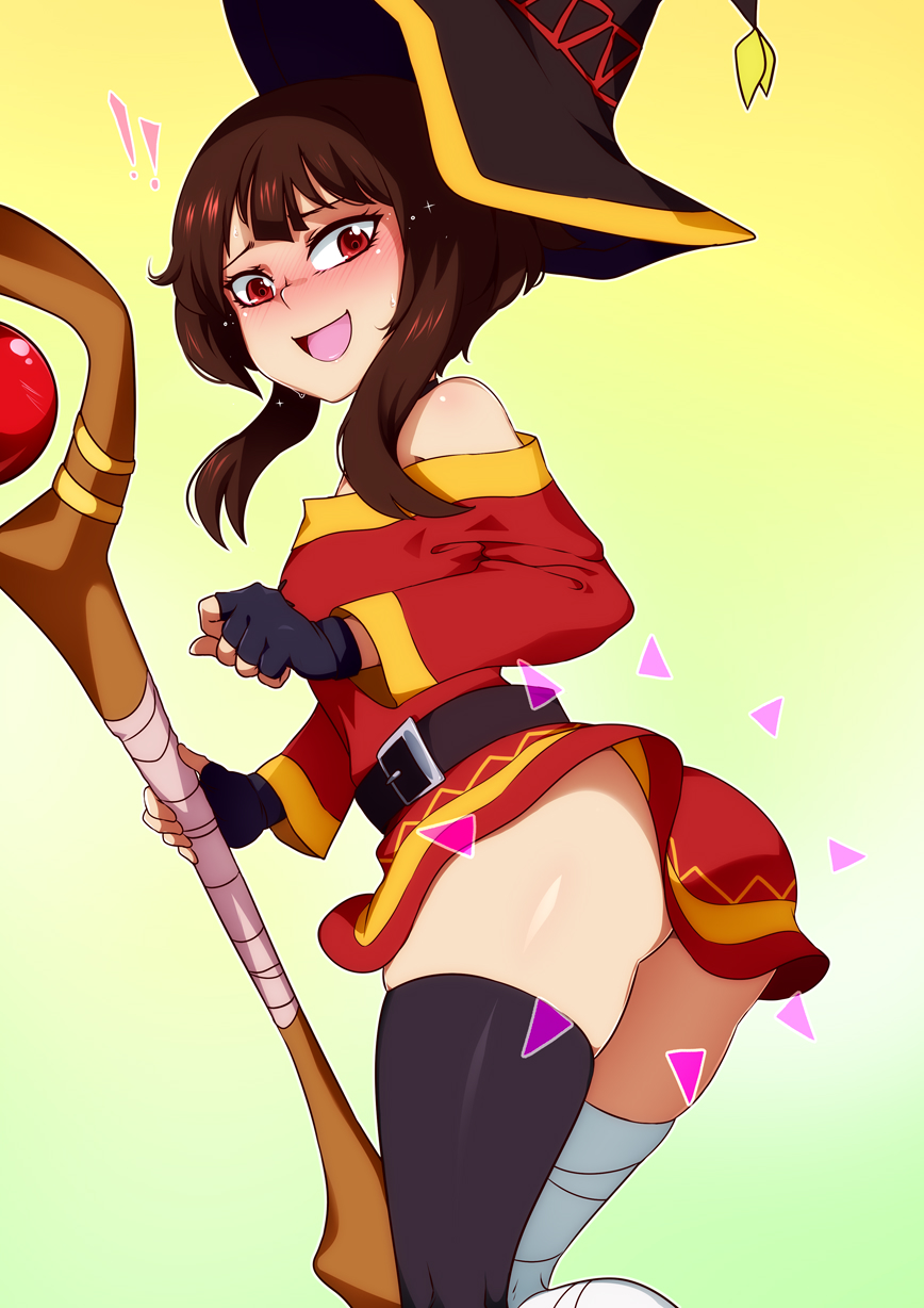 !, !!, 1girl, ass, asymmetrical_legwear, bandaged_leg, bandages, belt, black_belt, blush, breasts, dress, female_focus, fingerless_gloves, from_behind, gloves, hat, highres, holding, holding_staff, jcm2, kono_subarashii_sekai_ni_shukufuku_wo!, looking_at_viewer, looking_back, megumin, mismatched_legwear, no_eyewear, no_panties, open_mouth, red_dress, red_eyes, shiny_skin, short_hair, short_hair_with_long_locks, simple_background, single_thighhigh, small_breasts, smile, solo, staff, standing, thighhighs, witch_hat, yellow_background