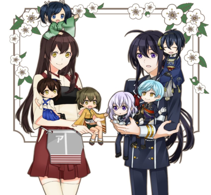 4boys, 4girls, :d, ahoge, akagi_(kancolle), apron, aqua_hair, bad_id