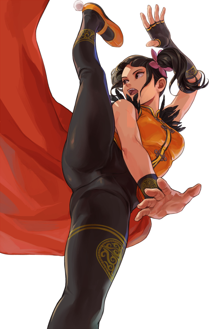 1girl, black_eyes, black_hair, black_pantyhose, blunt_bangs, breasts, commentary, english_commentary, female_focus, fighting_stance, fingerless_gloves, from_below, gloves, halogenkn, highres, ling_xiaoyu, looking_away, medium_breasts, open_mouth, pantyhose, simple_background, single_glove, solo, tekken, tekken_7, white_background