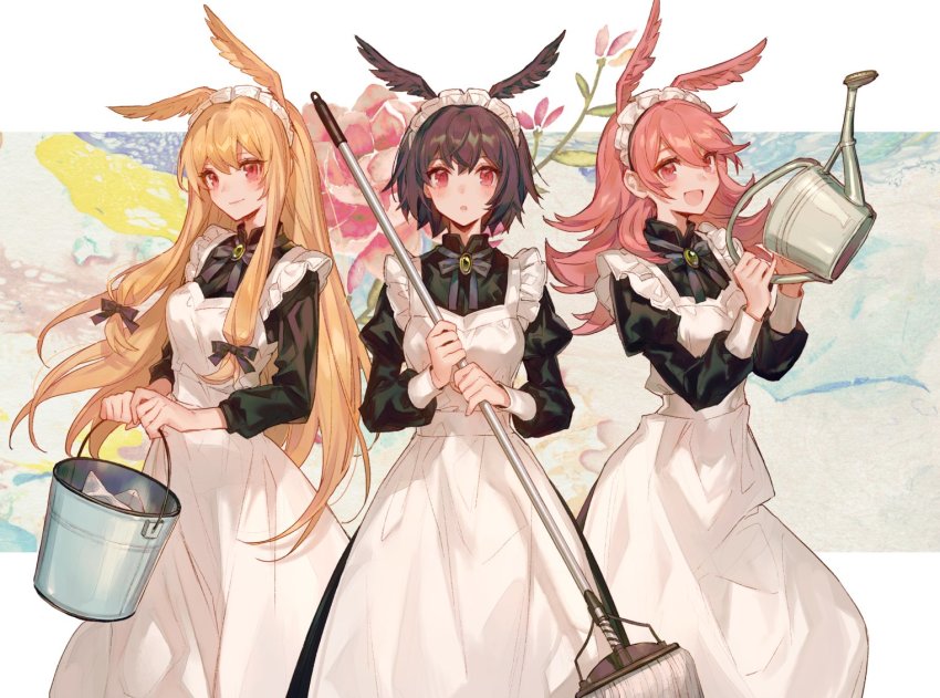 3girls, apron, black_dress, black_hair, blonde_hair, bow, breasts, brooch, bucket, chocoan, dress, fate/grand_order, fate_(series), flower, head_wings, hildr_(fate), hildr_(valkyrie_style)_(fate), jewelry, juliet_sleeves, long_hair, long_sleeves, maid, maid_apron, maid_day, maid_headdress, medium_breasts, mop, multiple_girls, ortlinde_(fate), ortlinde_(valkyrie_style)_(fate), pink_eyes, pink_hair, puffy_sleeves, short_hair, thrud_(fate), thrud_(valkyrie_style)_(fate), valkyrie_(fate), watering_can, white_apron, wings