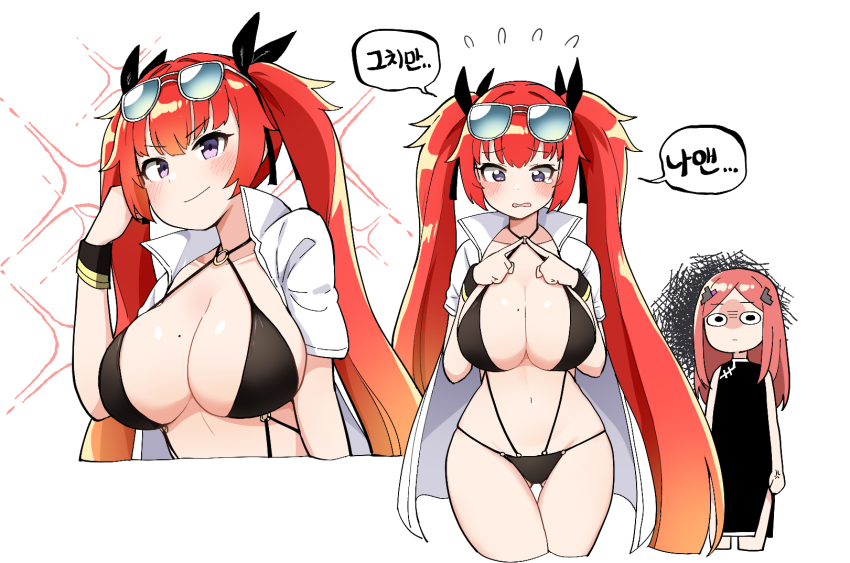 2girls, bikini, black_bikini, black_dress, breast_envy, breasts, china_dress, chinese_clothes