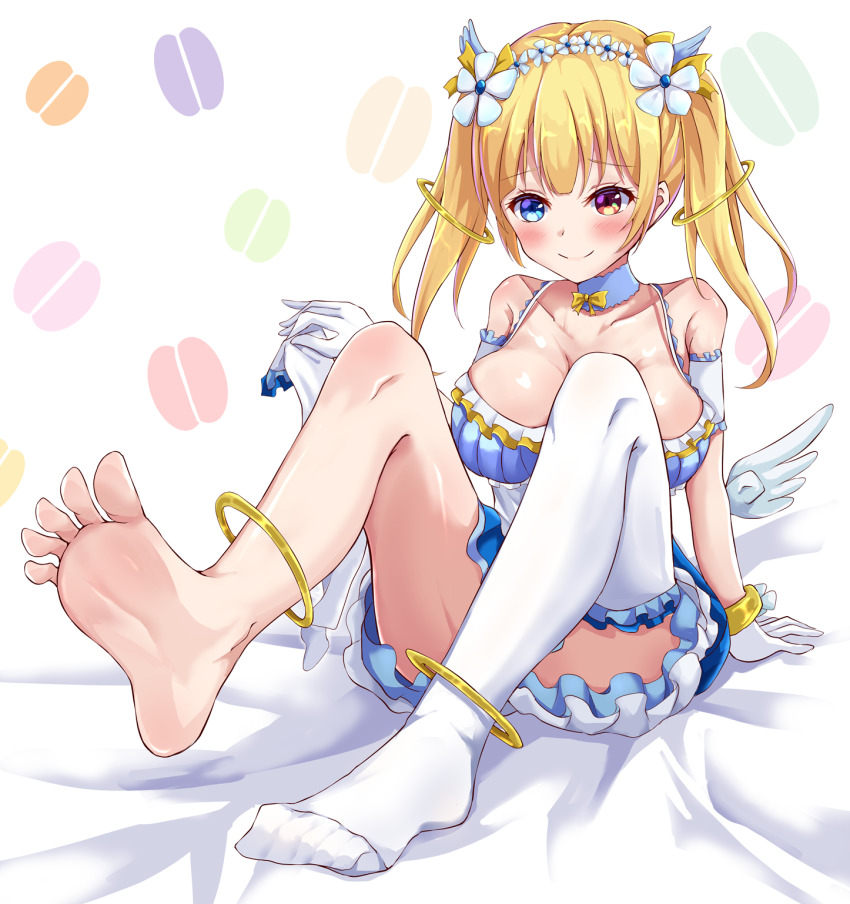 1girl, barefoot, blonde_hair, blue_eyes, blush, breasts, feet, hanemiya_noa, heterochromia, highres, iberiko_(soinesitai), large_breasts, long_hair, open_beta_(vtuber), red_eyes, smile, socks, soles, toes, twintails, unworn_socks, virtual_youtuber, white_legwear