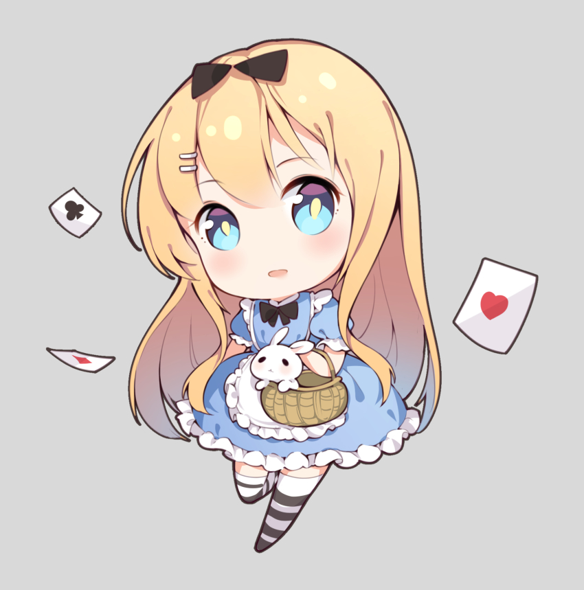 alice_(alice_in_wonderland), alice_(alice_in_wonderland)_(cosplay), apron, black_ribbon, blonde_hair, blue_dress, blue_eyes, chibi