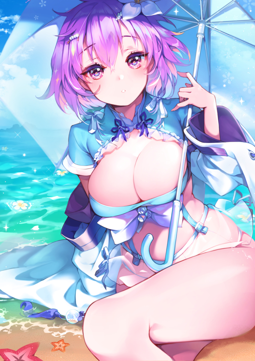 1girl, bikini, breasts, cleavage, female_focus, heart, heart-shaped_pupils, highres, houchi_shoujo, kakou_ha_(houchi_shoujo), kanola_u, large_breasts, light_purple_hair, looking_at_viewer, original, pink_eyes, short_hair, solo, swimsuit, symbol-shaped_pupils