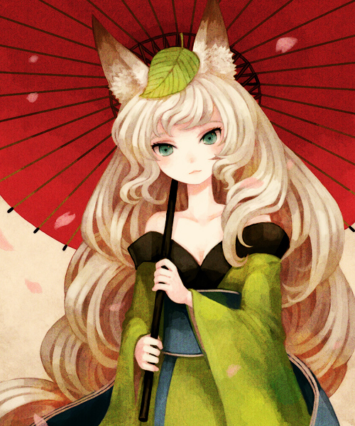 1girl, :<, animal_ears, bad_id, bad_pixiv_id, bare_shoulders, blonde_hair, blue_eyes, blush, breasts, brown_hair, cherry_blossoms, cleavage, collarbone, female_focus, fox_ears, green_eyes, inari, japanese_clothes, kimono, kitsune, leaf, leaf_on_head, long_hair, min_(citrine), object_on_head, oboro_muramasa, off_shoulder, oil-paper_umbrella, parasol, petals, silver_hair, solo, umbrella, vanillaware, very_long_hair, wavy_hair, yuzuruha