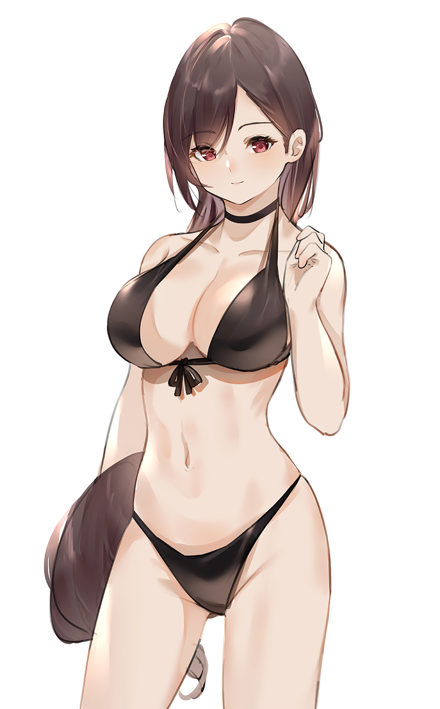 1girl, arm_up, bare_arms, bare_legs, bikini, black_choker, black_hair, blush, breasts, choker, cleavage, collarbone, female_focus, final_fantasy, final_fantasy_vii, final_fantasy_vii_remake, front-tie_bikini_top, front-tie_top, halterneck, highres, large_breasts, long_hair, looking_at_viewer, low-tied_long_hair, majocc_(dusty051), navel, red_eyes, simple_background, sleeveless, smile, solo, swimsuit, tifa_lockhart, white_background