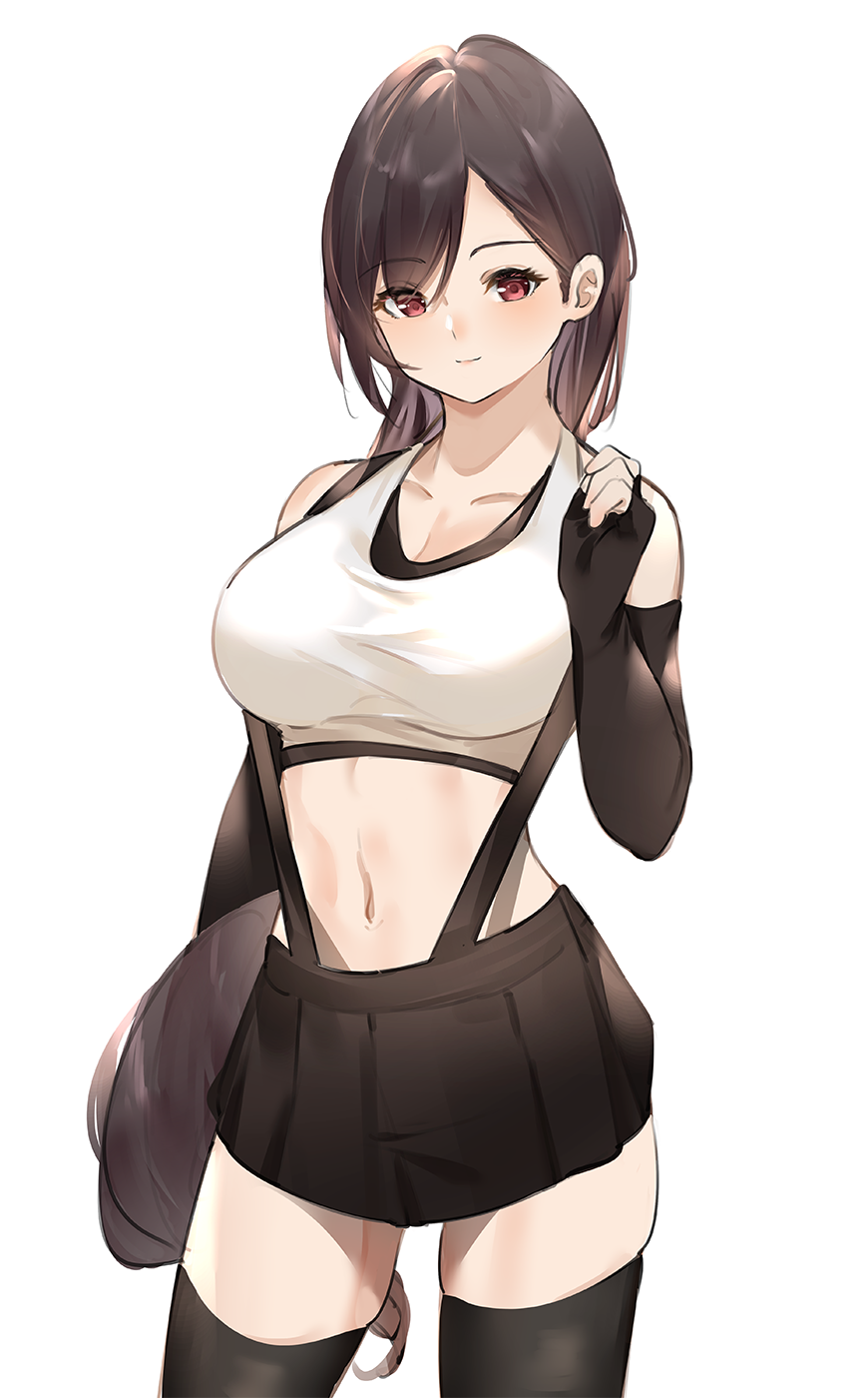 1girl, arm_up, black_gloves, black_hair, black_skirt, black_thighhighs, blush, breasts