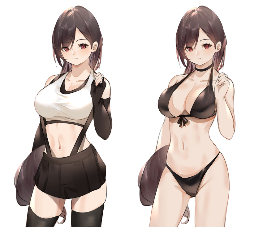 1girl, 2girls, arm_up, bare_arms, bare_legs, bikini, black_bikini, black_choker, black_gloves, black_hair, black_skirt, black_thighhighs, blush, breasts, choker, cleavage, collarbone, crop_top, elbow_gloves, final_fantasy, final_fantasy_vii, final_fantasy_vii_remake, fingerless_gloves, front-tie_bikini_top, front-tie_top, gloves, halterneck, highres, large_breasts, long_hair, looking_at_viewer, low-tied_long_hair, majocc_(dusty051), multiple_girls, multiple_views, navel, pleated_skirt, red_eyes, shirt, simple_background, skirt, sleeveless, smile, sports_bra, suspender_skirt, suspenders, swimsuit, tank_top, thighhighs, tifa_lockhart, very_long_hair, white_background, white_shirt, white_tank_top