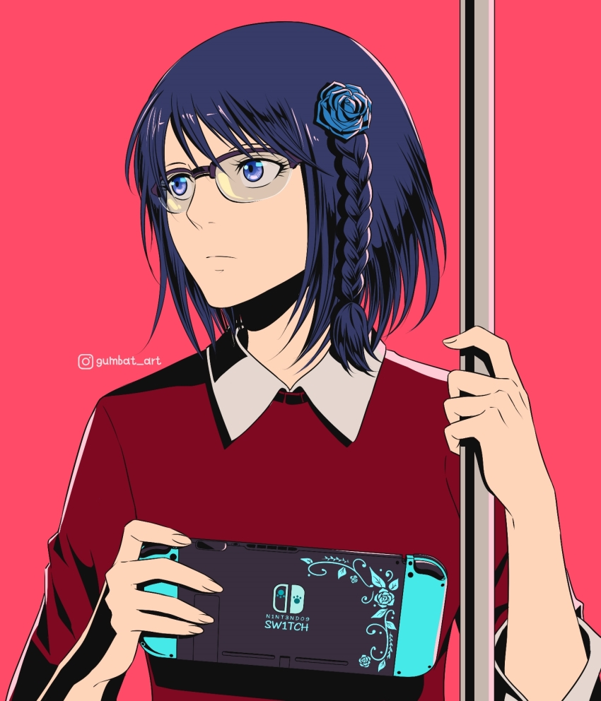 another_eden, artist_name, blue_eyes, braid, flower, glasses, gumbat, hair_flower, hair_ornament, highres, hismena_(another_eden), nintendo_switch, pole, red_background, red_shirt, shirt, standing, twitter_username