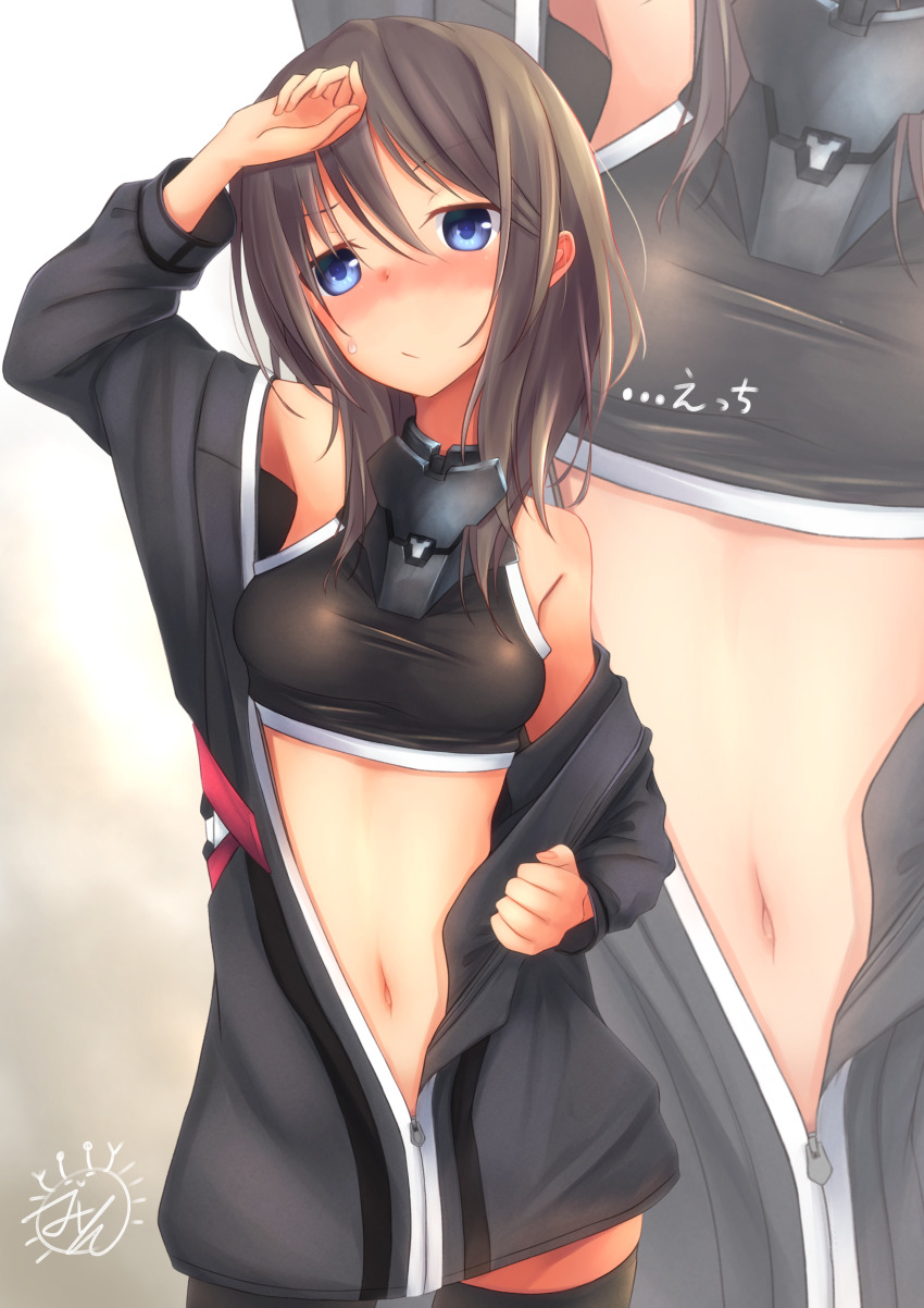 1girl, absurdres, alice_gear_aegis, bare_shoulders, black_jacket, black_shirt, black_sports_bra, black_thighhighs
