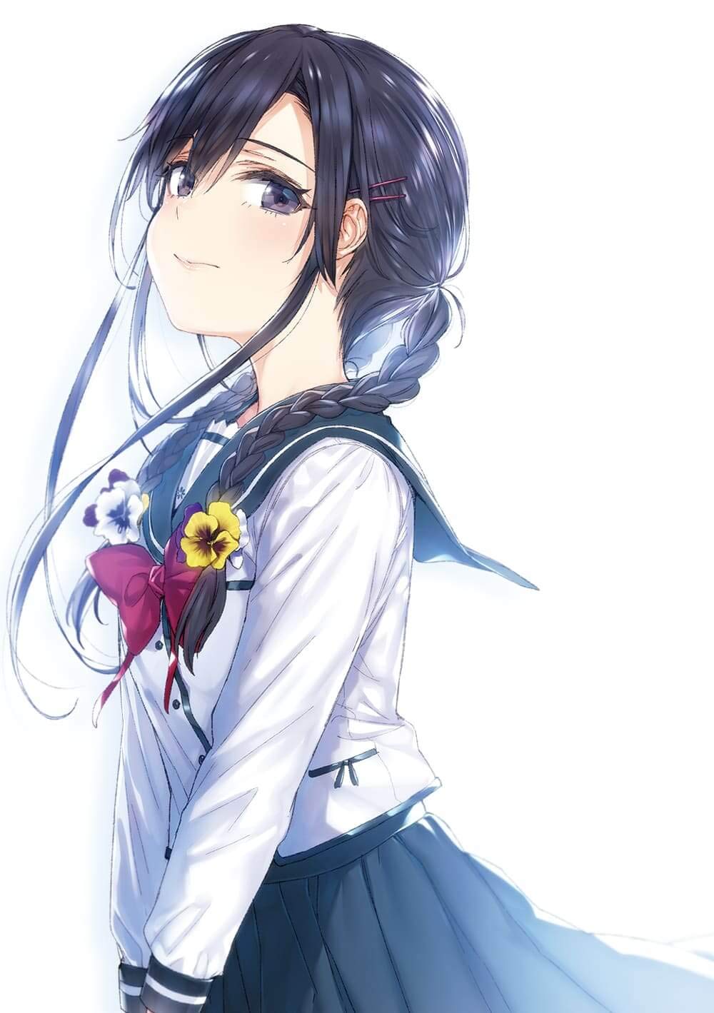 1girl, black_hair, blush, braid, breasts, buriki, female_focus, flower