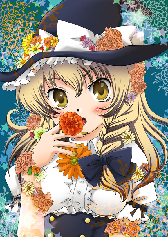 1girl, blonde_hair, blush, braid, female_focus, fingernails, flower, hat