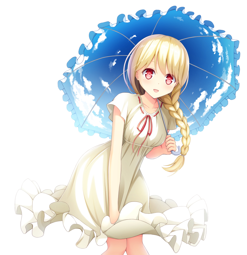 1girl, blonde_hair, braid, breasts, collarbone, commentary_request, dress, dress_tug